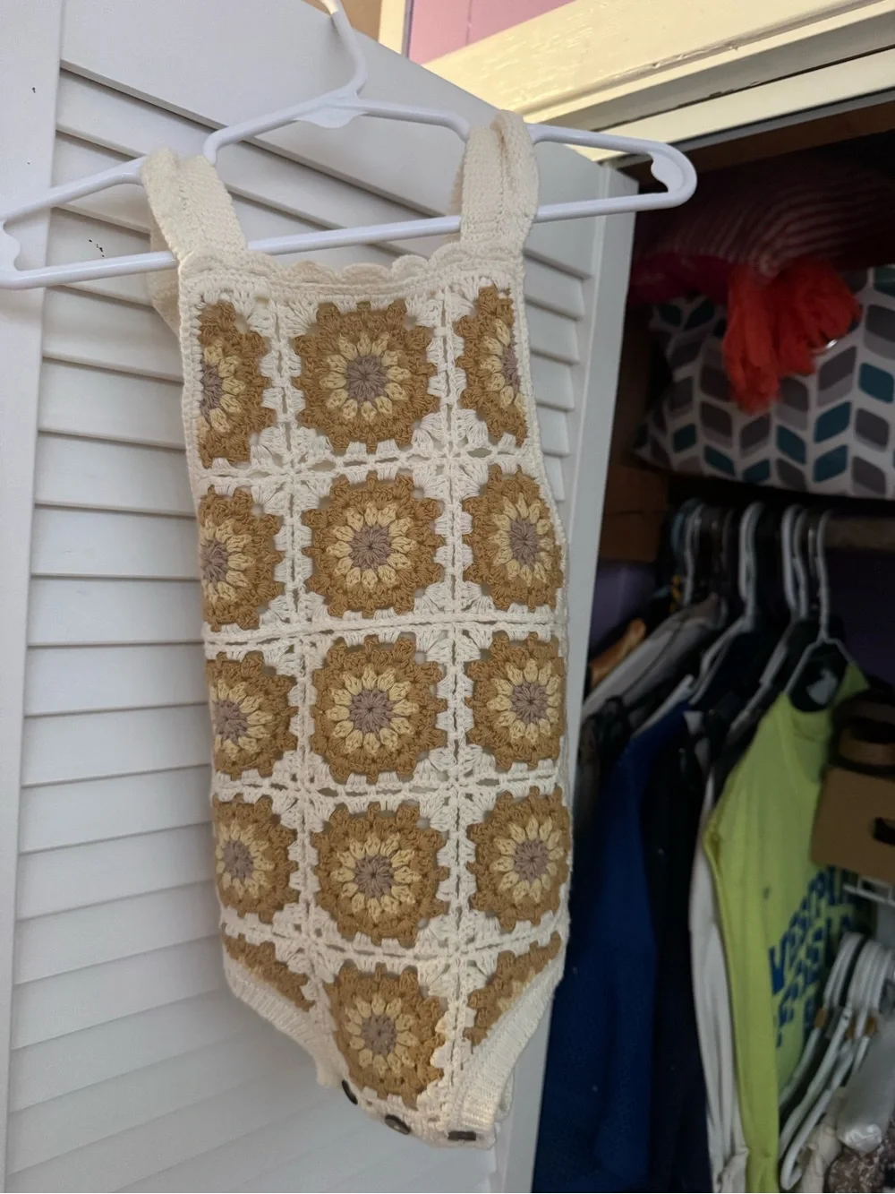 Handmade Crochet Floral Square Kids One-Piece in Cream and Tan